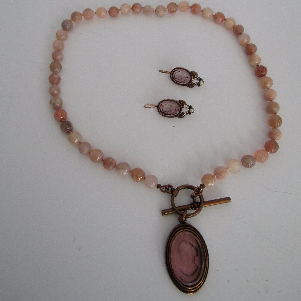 EXTASIA Chunky Pink Glass Bead Intaglio Cameo Pendant Necklace and earrings set